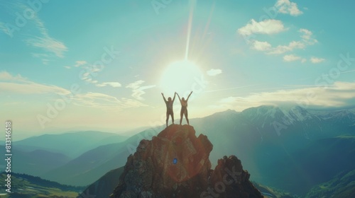 Together overcoming obstacles with three people holding hands up in the air on mountain top , celebrating success and achievements
