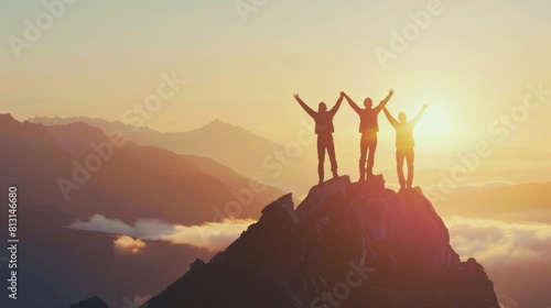 Together overcoming obstacles with three people holding hands up in the air on mountain top , celebrating success and achievements