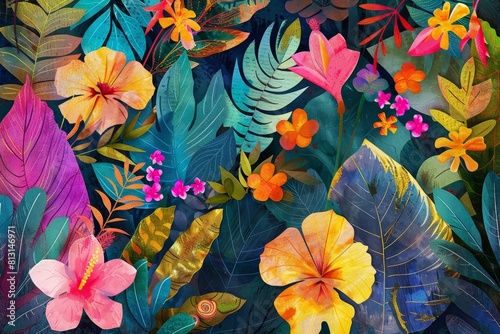 Vibrant tropical background with various colorful leaves and flowers