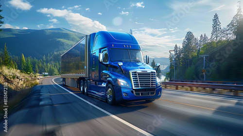 Blue big rig industrial grade bonnet long hauler diesel semi truck with high roof cab and refrigerator semi trailer running with commercial cargo on the wide highway road with green trees hillside