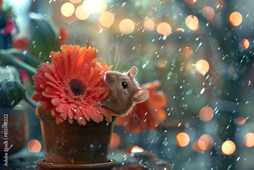 Cute little mouse in a ceramic pot under a red Gerbera Daisy