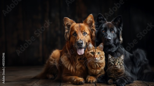 Cães e gatos juntos, unidos posando para a foto