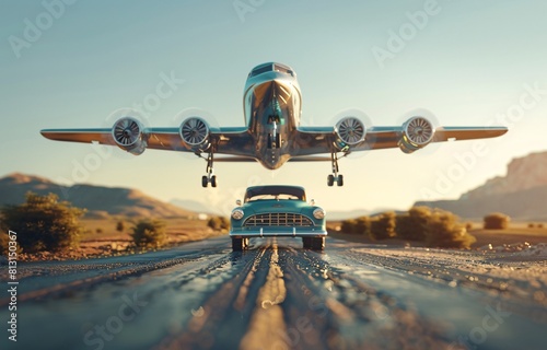 Vintage Airplane with Classic Cars on a Dirt Road