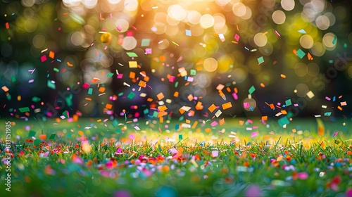 Colorful confetti falling on green grass with blurry trees and sunlight in the background.