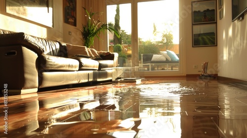 Witness The Aftermath Of A Spill As Water Pools On The Laminated Floor In The Living Room, Prompting A Quick Cleanup To Maintain The Pristine Environment