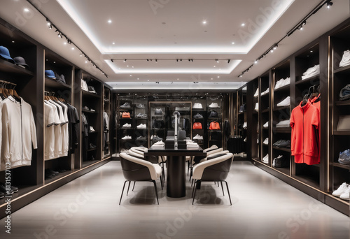 A high-end men's athletic apparel and sneaker showroom with sleek black displays.