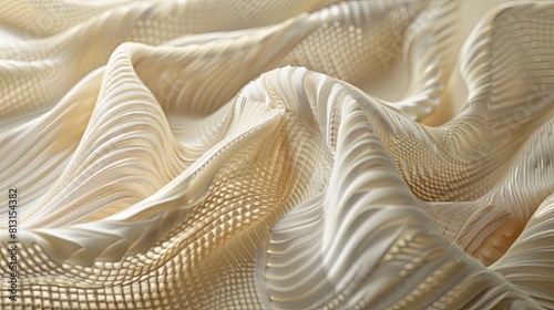 Close-up of a cream-colored, semi-transparent fabric with a wavy pattern.
