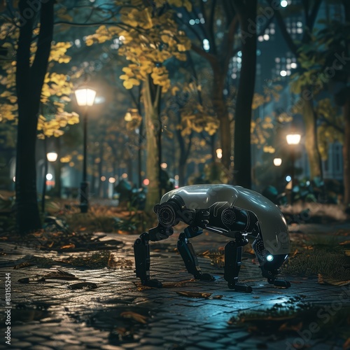 A futuristic dog robot patrols a city park at night, merging pet companionship with surveillance technology