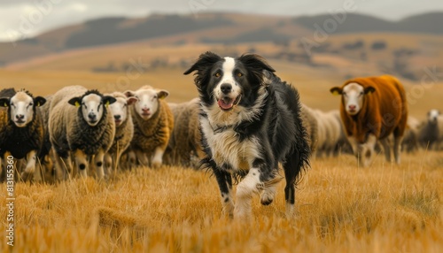 Border Collie dog herding a flock of sheep on a beautiful prairie