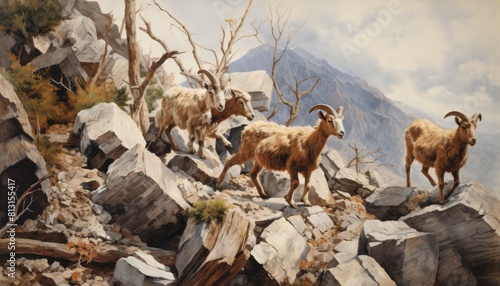 Herd of mountain goats navigating rocky terrain in alpine landscape
