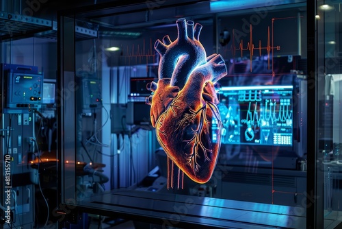 A holographic projection of a human heart in a medical facility, symbolizing advances in cardiological diagnostics