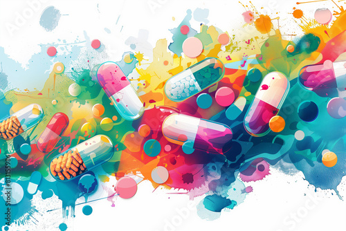 Colorful Painting of Pills on White Background