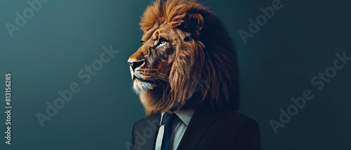 A portrait of a lion in a business suit, a surreal depiction of leadership and power in the animal kingdom