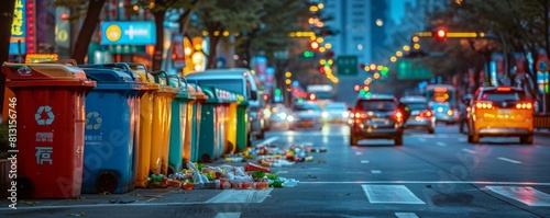 The photo shows a messy street with a lot of trash on the ground and overflowing trash bins