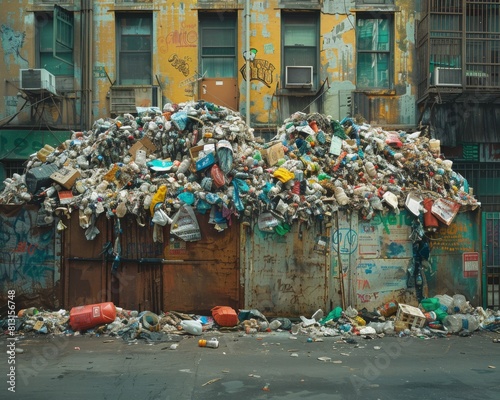 The photo shows a huge pile of garbage in front of a building