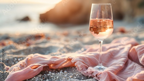 Close-up of ros?(C) wine glass on a beach towel, with a blurred background of a beach scene, copy space