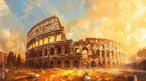 ancient colosseum bathed in warm morning sunlight rome italy digital painting