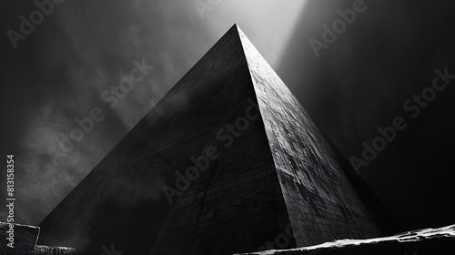 A black and white photo of a pyramid with a cloudy sky in the background