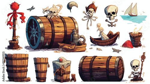 Pirate set treasure chests jolly Roger flag rum b
