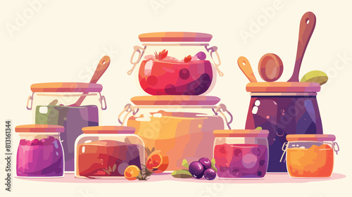 Pots and glass jars with jam flat style vector illu