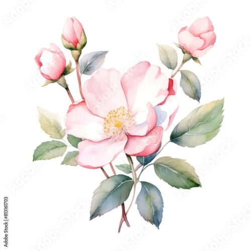Soft pink wild rose painted in watercolor style, symbolizing grace and softness.