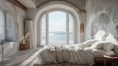 Imagine The Serenity Of A Bedroom With A Sea View, Inspired By The Beach Living Style Of Santorini Island, Rendered In 3D For A Realistic Experience