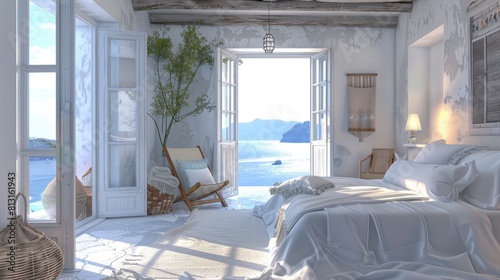 Imagine The Serenity Of A Bedroom With A Sea View, Inspired By The Beach Living Style Of Santorini Island, Rendered In 3D For A Realistic Experience
