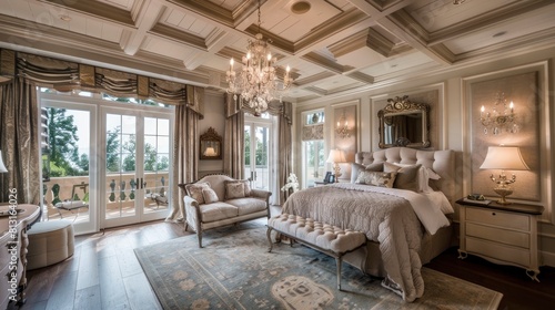 Marvel At The Grandeur Of A Coffered Ceiling In A Bedroom, With A Chandelier Hanging Above The Bed, Adding A Touch Of Opulence To The Space