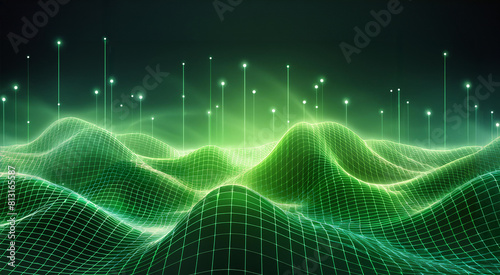 Technologie Hintergrund Vorlage grün verbundene Punkte auf 3D Linien Wellen Landschaft, Daten Wissenschaft, Teilchen, digitale Welt, virtuelle Realität, Cyberspace, technologie, moderne Auswertung