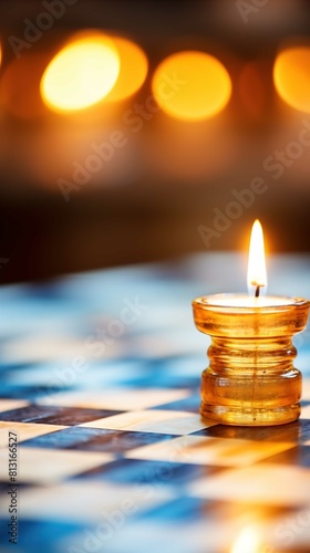 A small, translucent golden oil lamp with a single flame is placed on a surface with a blue and cream-colored checkered pattern. The background is blurred with soft, circular bokeh effects of warm gol