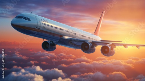 The image shows a commercial airplane in flight against a backdrop of a dramatic sunset sky. The aircraft is depicted from a side perspective, with its left wing leading into the frame. It is painted 