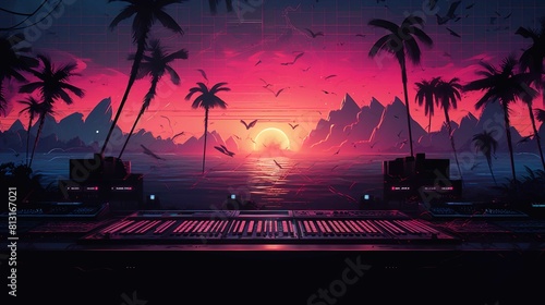 The image presents a vivid and stylized tropical sunset scene with a strong retro-futuristic, or 'synthwave', aesthetic. In the foreground, there is a collection of audio equipment, including synthesi
