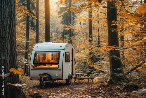 Cozy Trailer of mobile home or recreational vehicle stands n the forest in camping in fall near table set, concept of family local travel in home country on caravan or camper, camping life