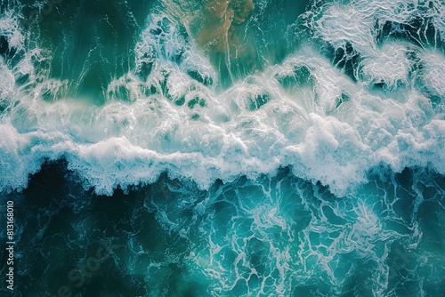 Beautiful natural texture of rolling sea waves surf with white foam and clear water with turquoise and green hueshigh