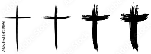 Set of hand drawn brush christian cross icons. Vector illustration