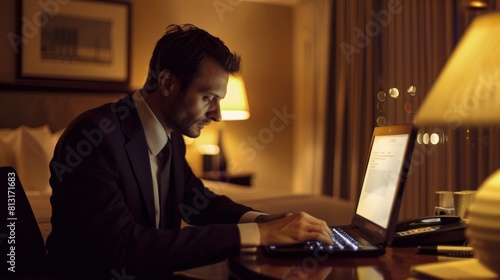 Witness Productivity As A Businessman Utilizes His Computer In His Hotel Room, Attending To Business Matters With Focus And Efficiency