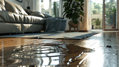 Witness The Aftermath Of A Spill As Water Pools On The Laminated Floor In The Living Room, Prompting A Quick Cleanup To Maintain The Pristine Environment