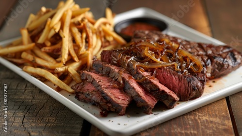 A juicy hanger steak cooked to medium-rare perfection, served with caramelized onions and a side of crispy shoestring fries.