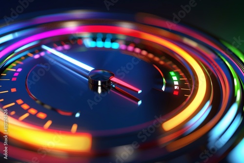 A 3D visualization of a meter gauge with an illuminated needle, dynamically displaying varying levels represented by different colors.