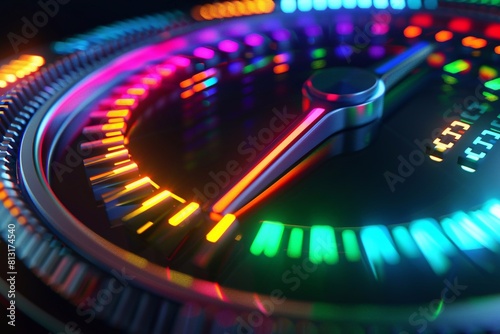A 3D visualization of a meter gauge with an illuminated needle, dynamically displaying varying levels represented by different colors.