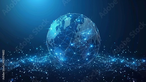 Low poly illustration of global supply networks, emphasizing efficiency and connectivity on a technological blue background