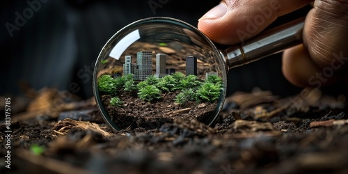 A person is holding a magnifying glass and closely inspecting the soil for details 