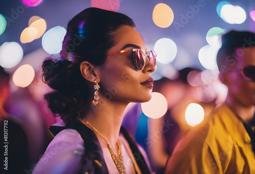 young latino woman at a vibrant night event surrounded by soft colorful bokeh lights 