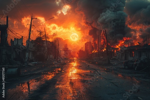 A striking depiction of an urban environment consumed by flames and smoke against a sunset sky