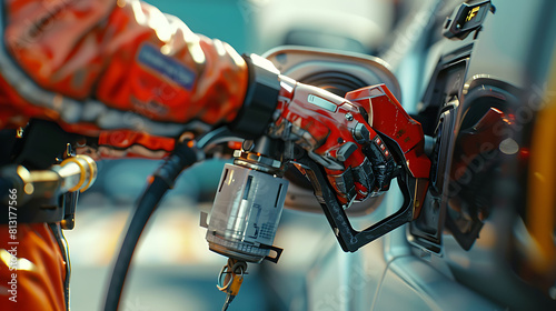 Futuristic oil fueling concept modern icon, refilling refueling car vehicle transportation station, power energy restoring, close up man using oil gasoline pump at petrol gas station resource energy