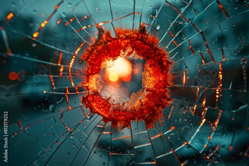 A dramatic orange halo highlighted around a gunshot break in a glass window pane in dim light