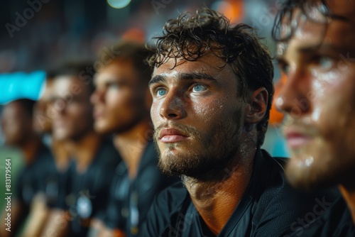 Close-up of an athlete sitting on the sidelines, deep in thought with rain dripping down his face, conveying contemplation
