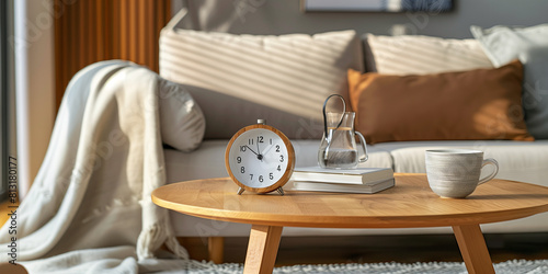 A close-up view captures an alarm clock positioned on a round wooden table adjacent to a comfortable sofa. Time and relaxation intersect in this cozy home interior setting