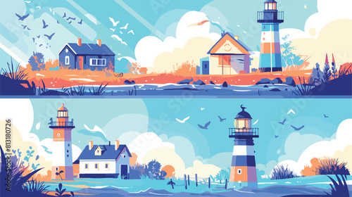 Set of cards or posters with sea lighthouse or beac