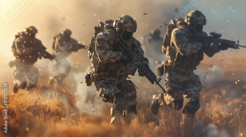 Squads of soldiers in modern combat moving as a team in battle formation